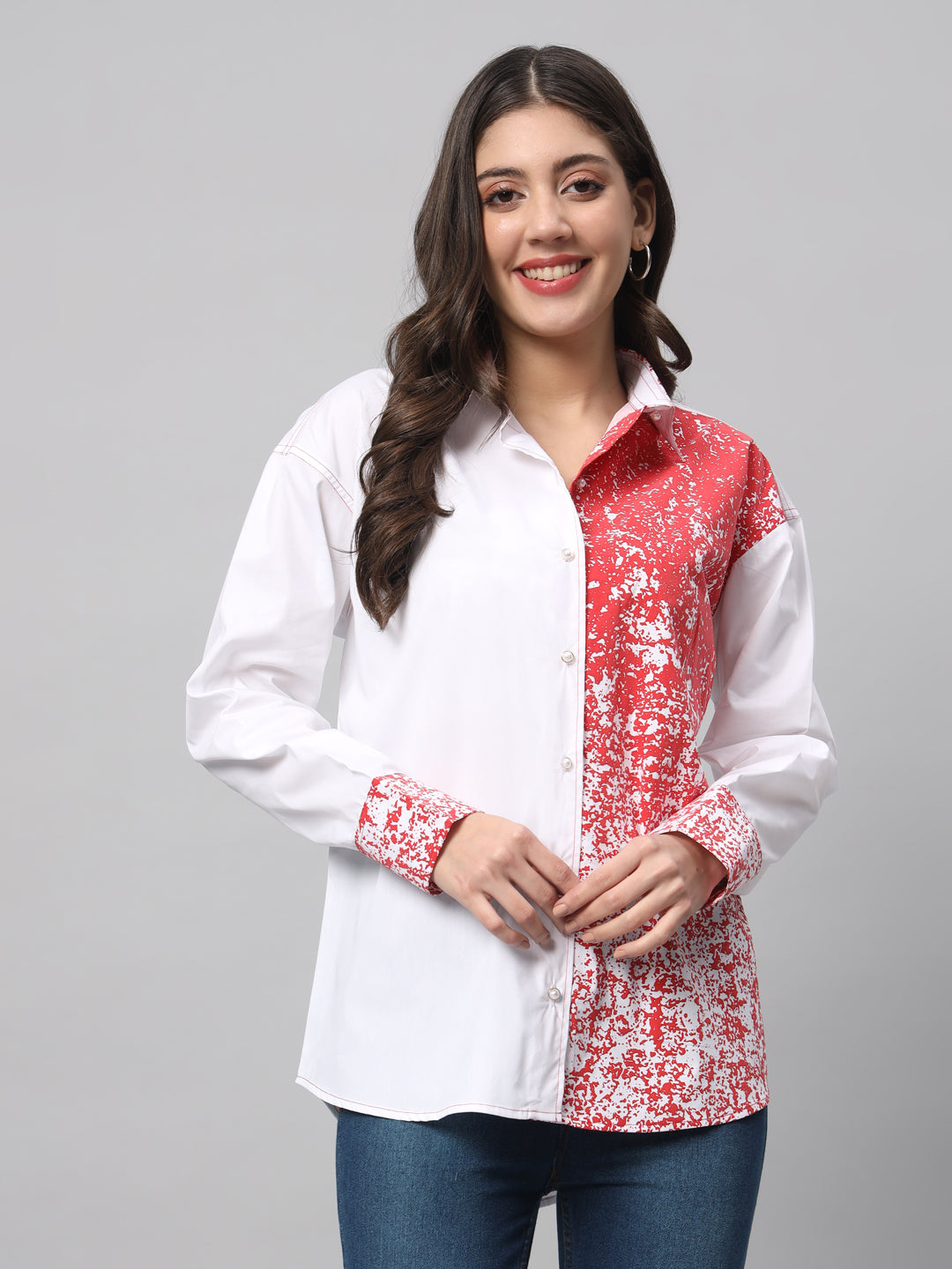 White and Red Puffed Shirt with detailed stiching