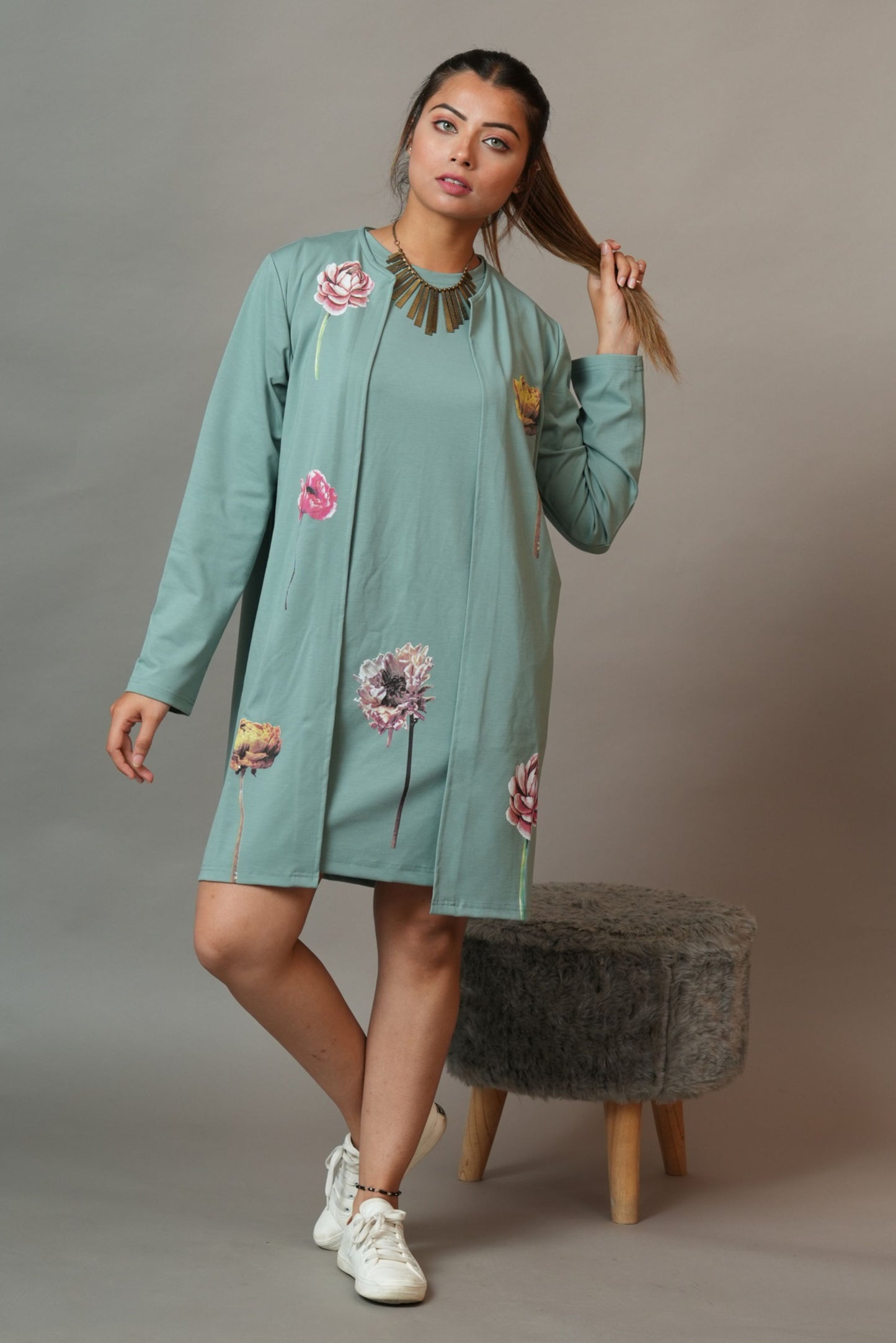 Sea Green Floral Printed T-Shirt Dress With Cape