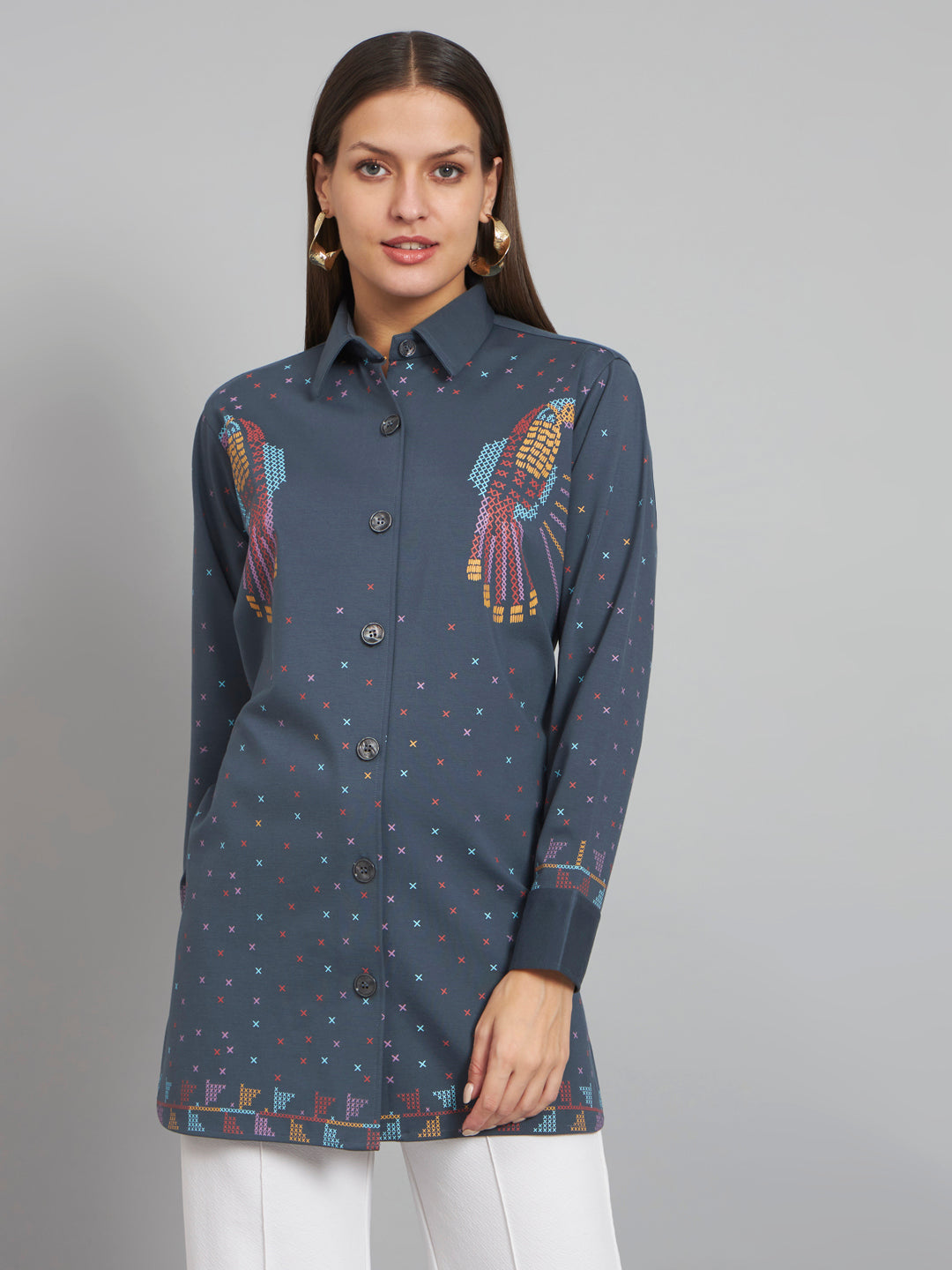 Long Shirt With Hand Printed Birds Detailing