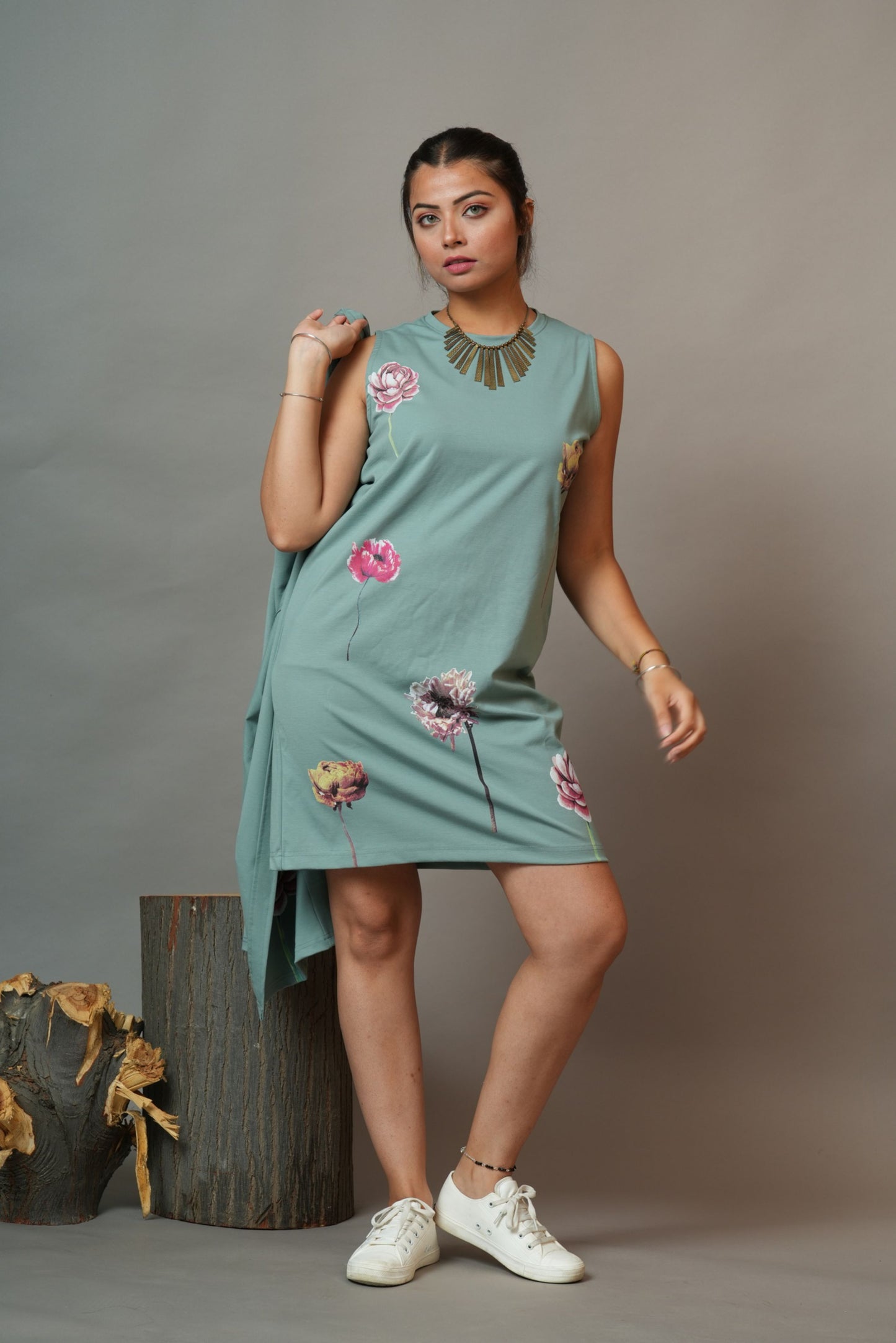 Sea Green Floral Printed T-Shirt Dress With Cape