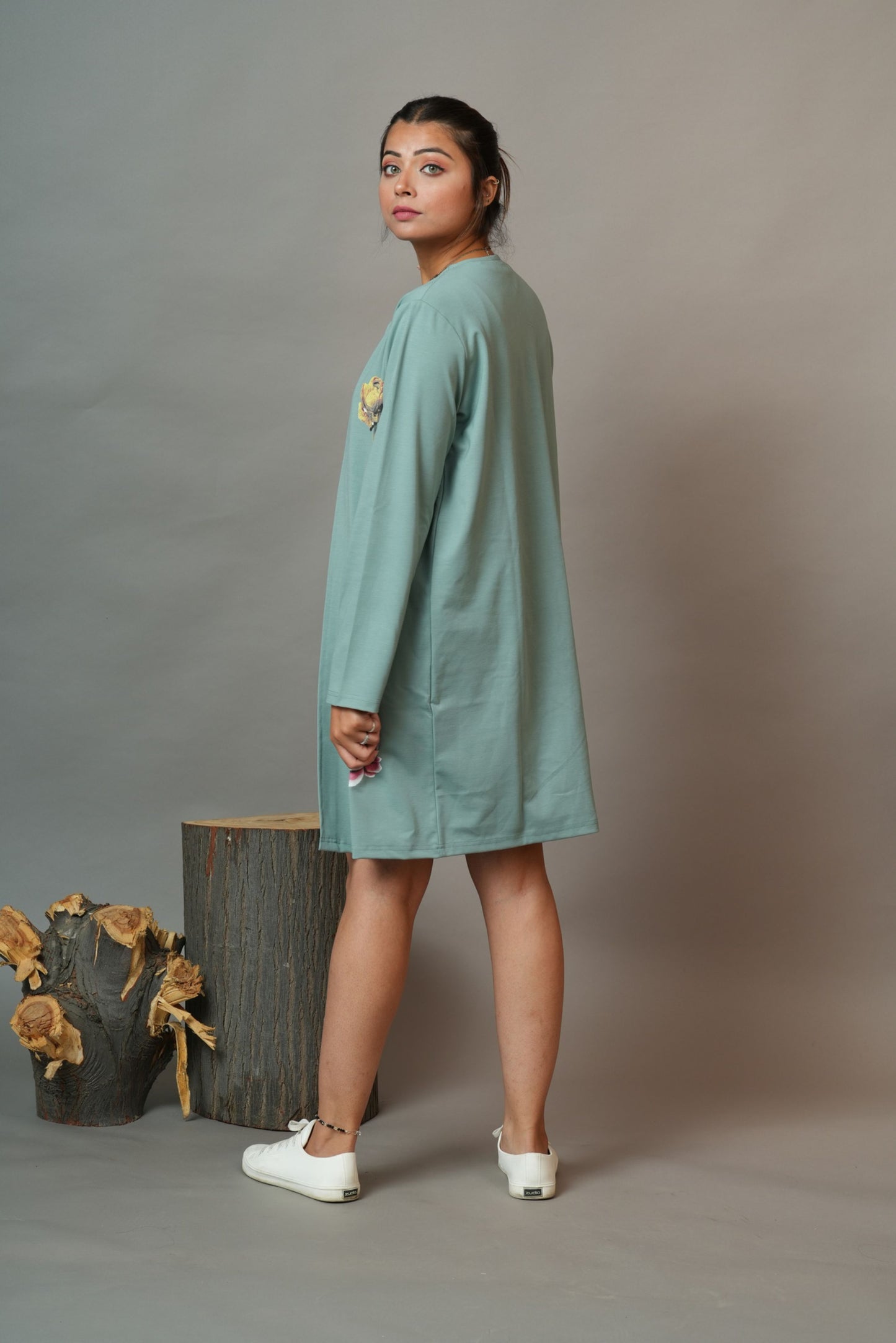 Sea Green Floral Printed T-Shirt Dress With Cape