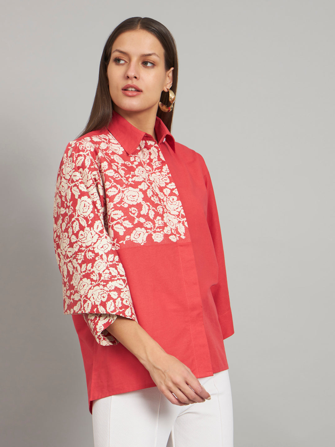 Red Hand Embellished Shirt With Baggy Sleeve