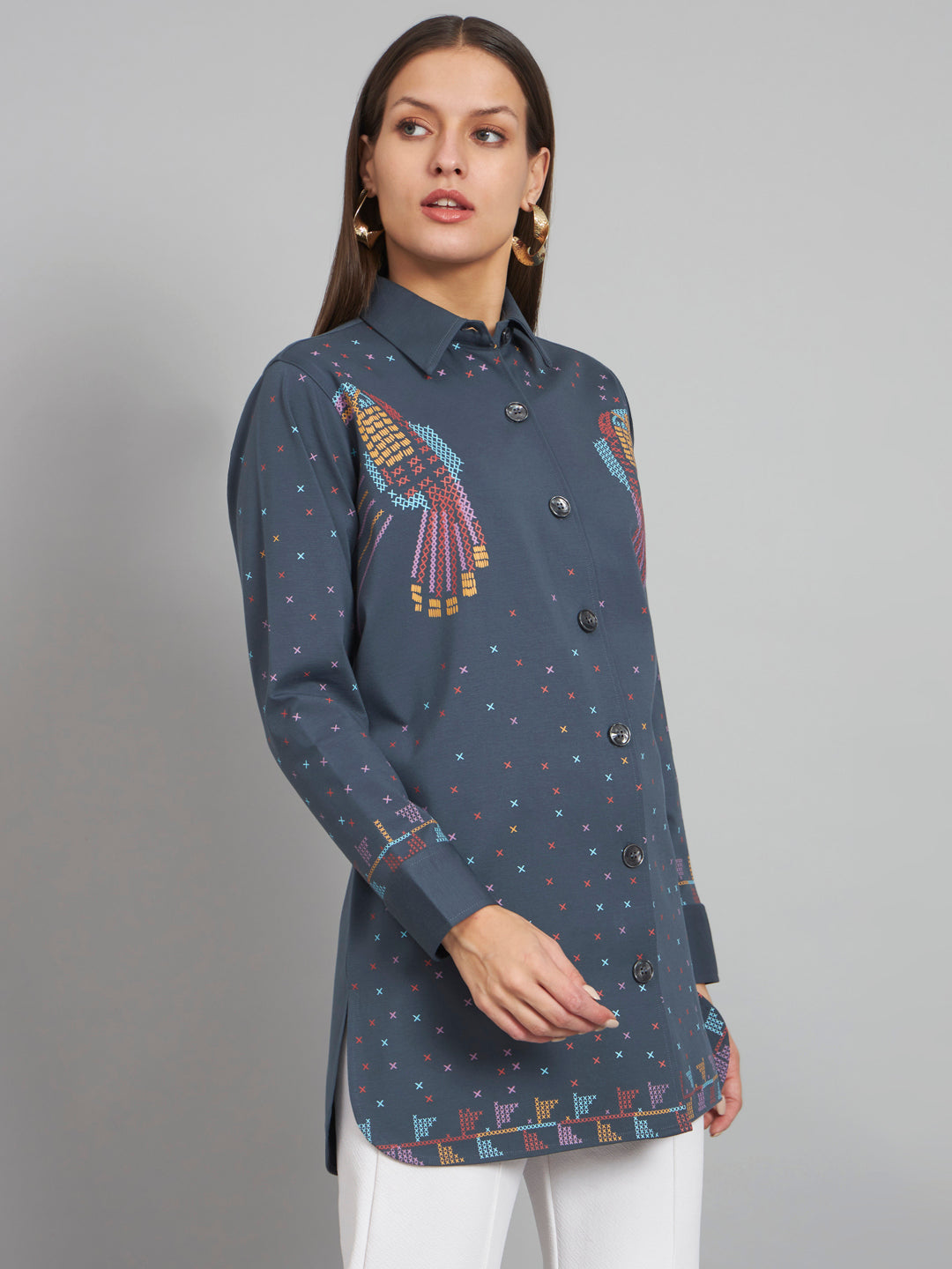 Long Shirt With Hand Printed Birds Detailing