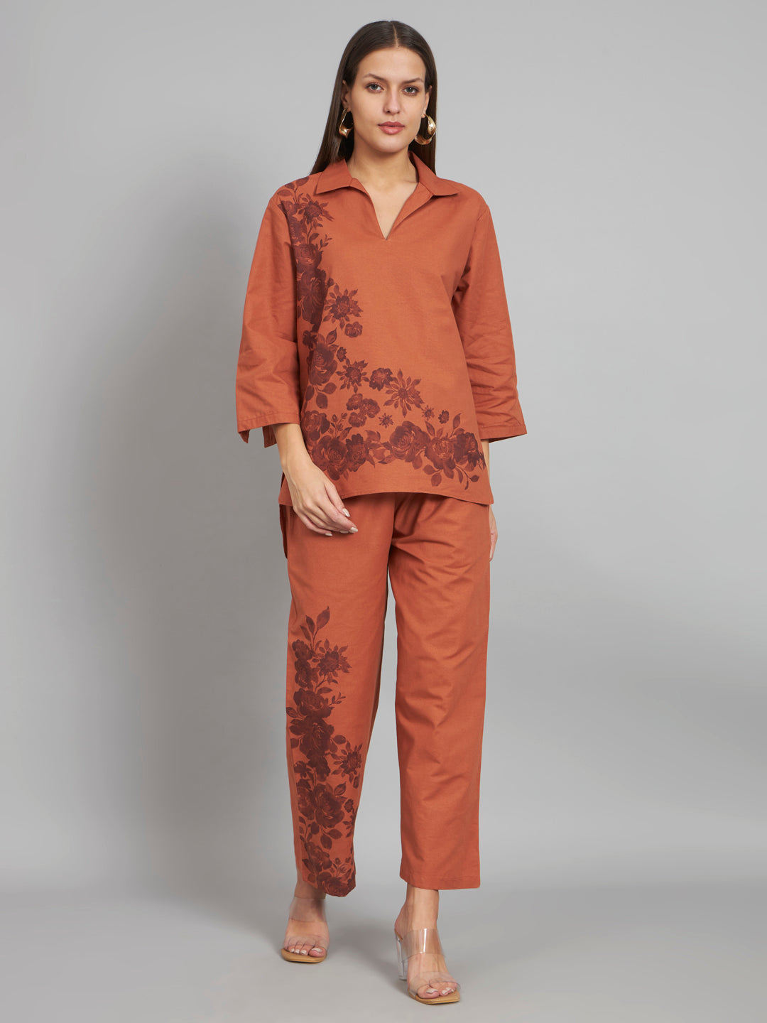 Rust floral printed set with floral detailing by hand print