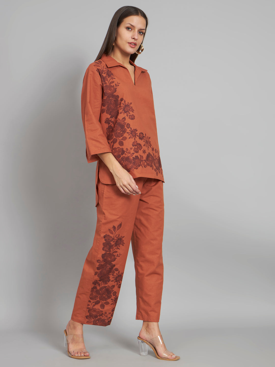 Rust floral printed set with floral detailing by hand print