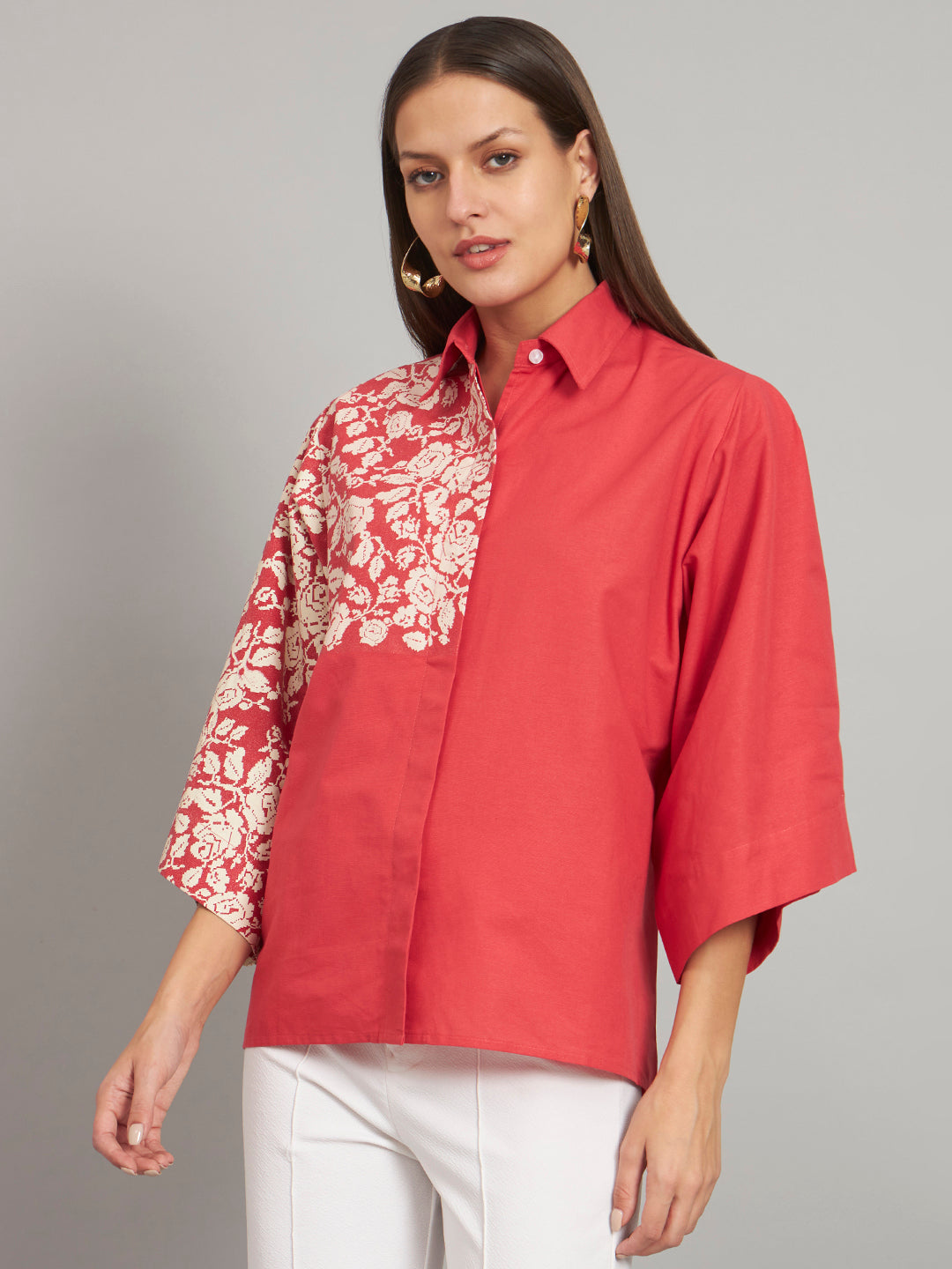 Red Hand Embellished Shirt With Baggy Sleeve