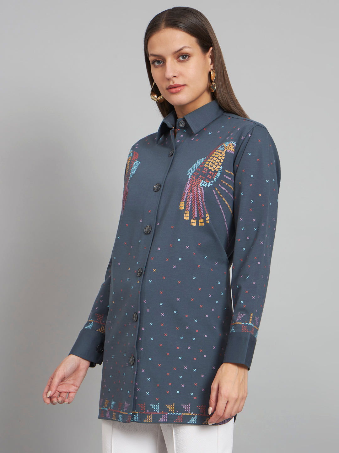 Long Shirt With Hand Printed Birds Detailing