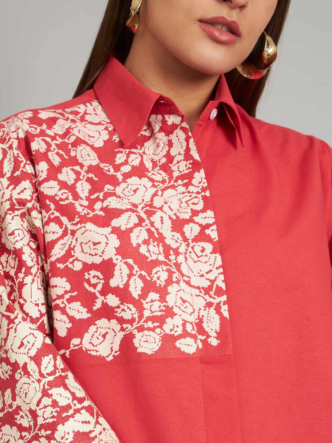 Red Hand Embellished Shirt With Baggy Sleeve