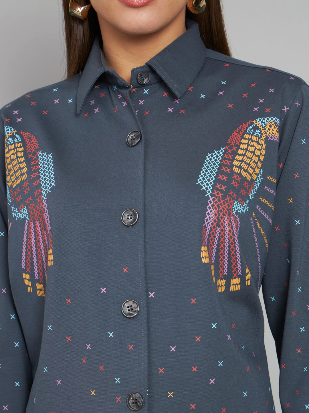 Long Shirt With Hand Printed Birds Detailing