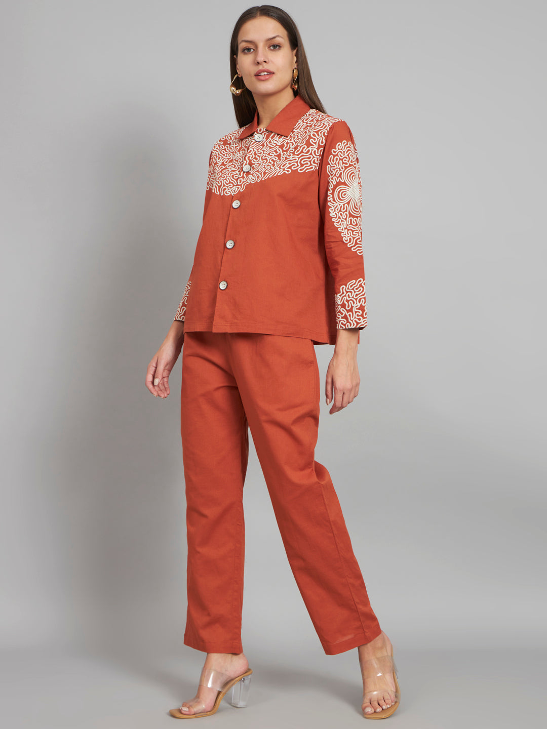 Rust Hand Printed Shirt With Bottom Co-ord Set