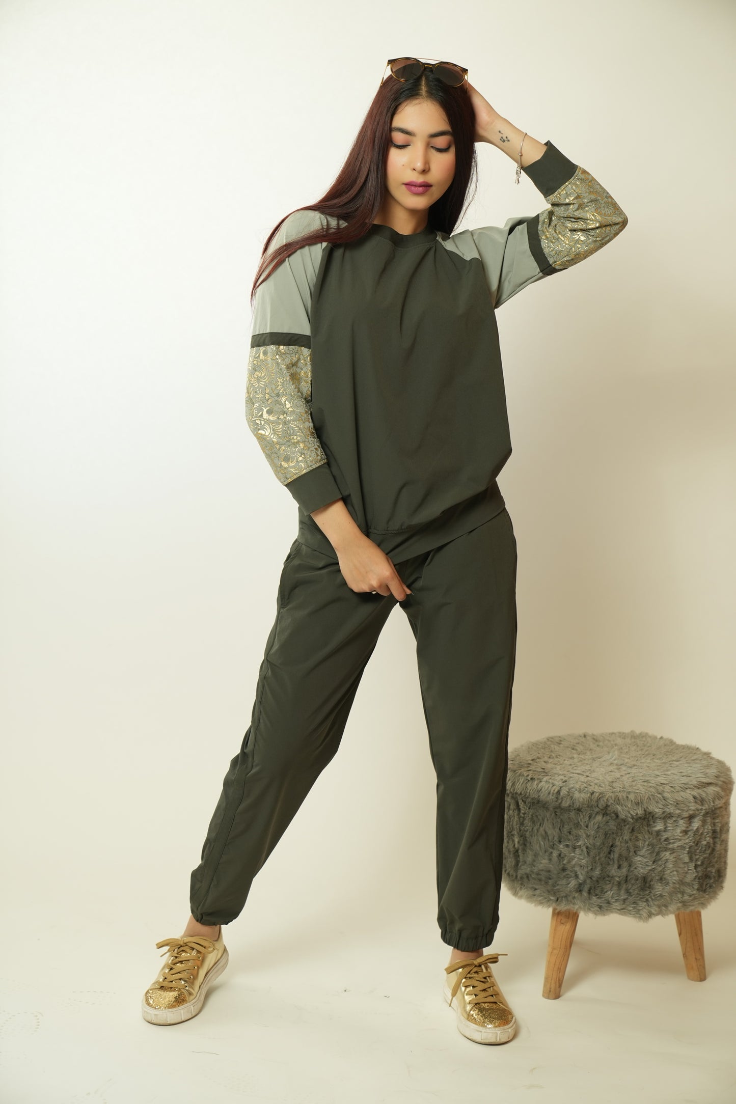 Olive foiled raglan sleeves co-ord set