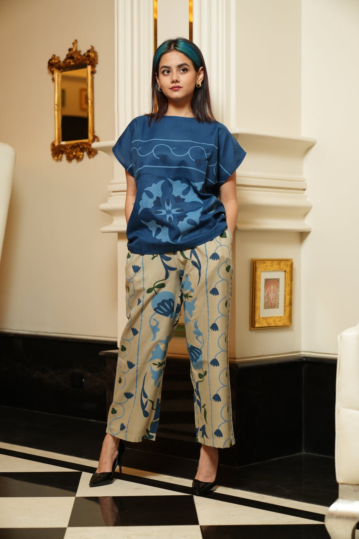 Blue Highlighted Top With Beige Printed Pants