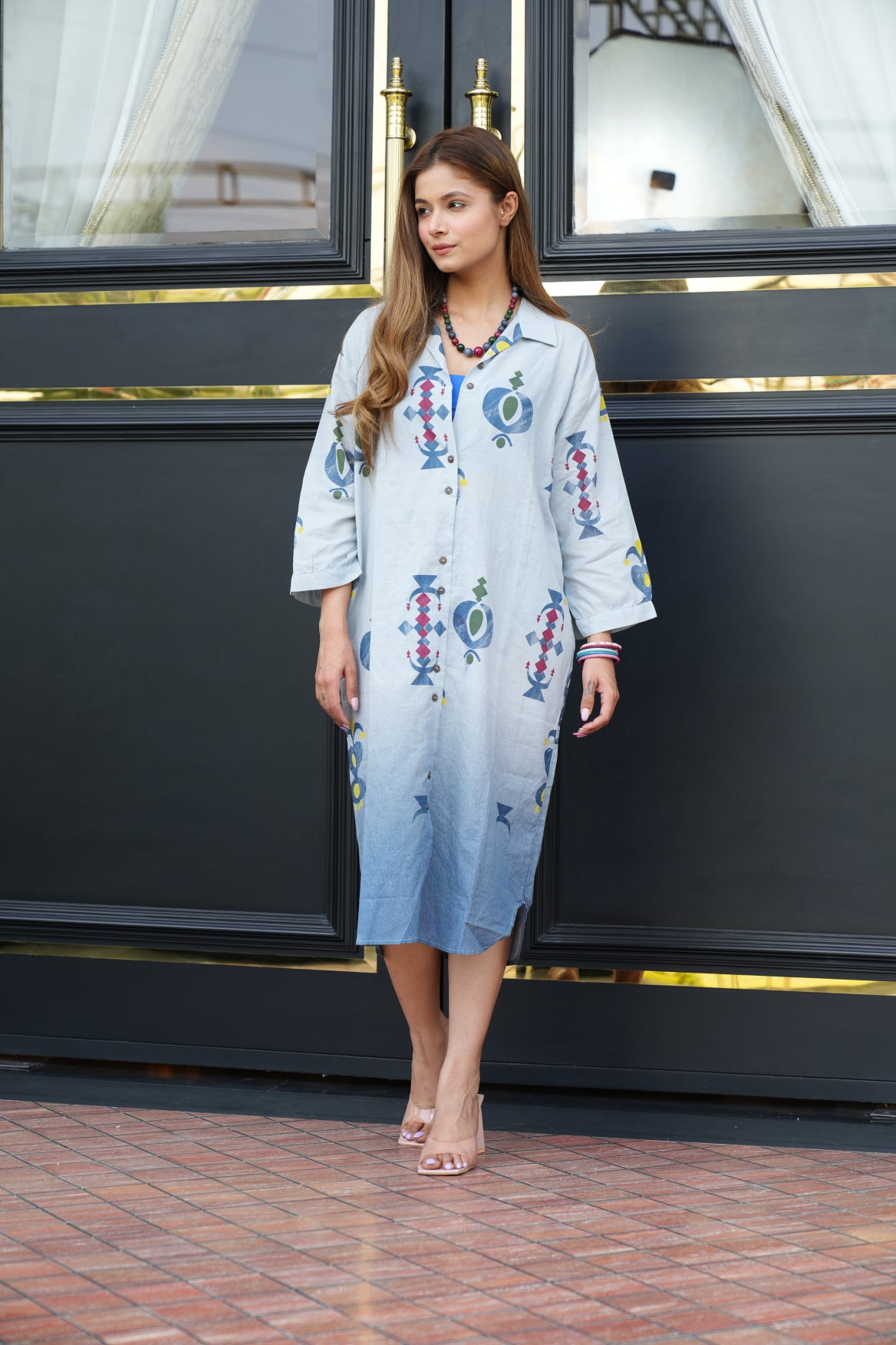 Ice Blue Hand Printed Long Shirt Dress