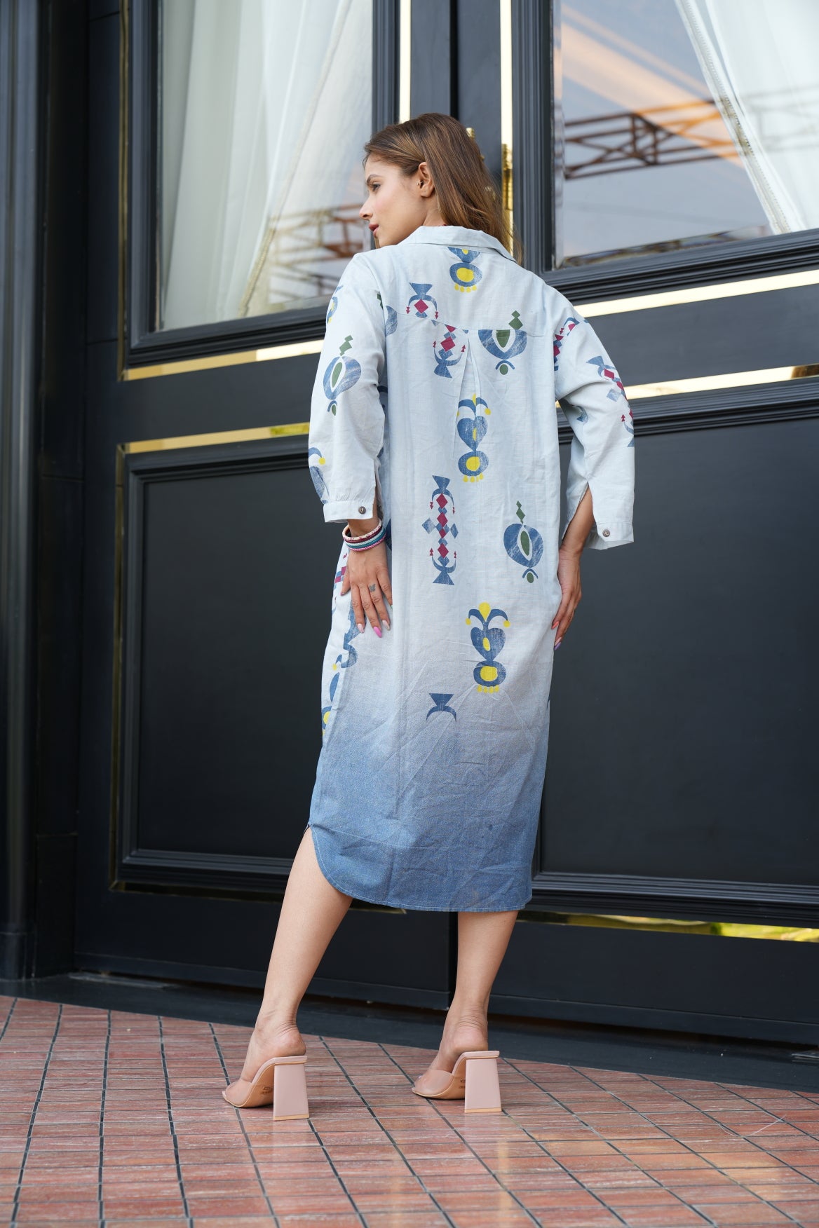 Ice Blue Hand Printed Long Shirt Dress