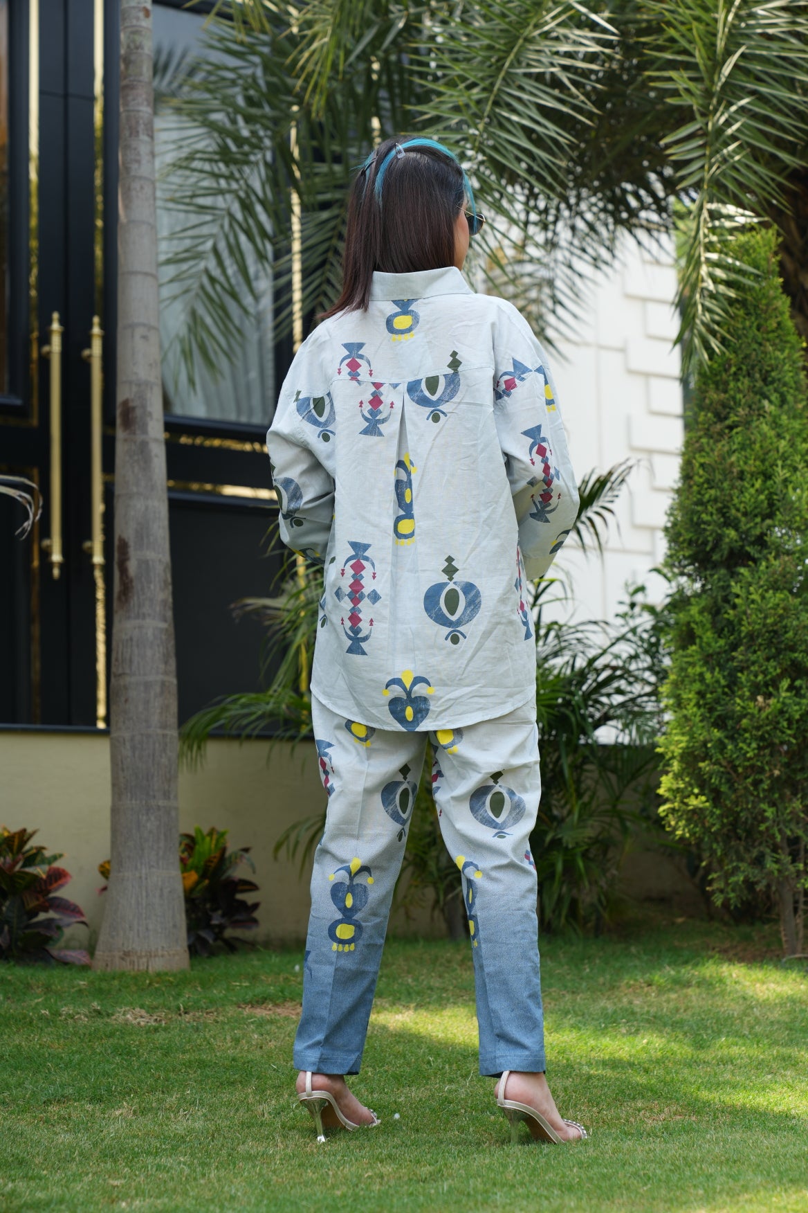 Ice Blue Printed Overshirt With Trousers