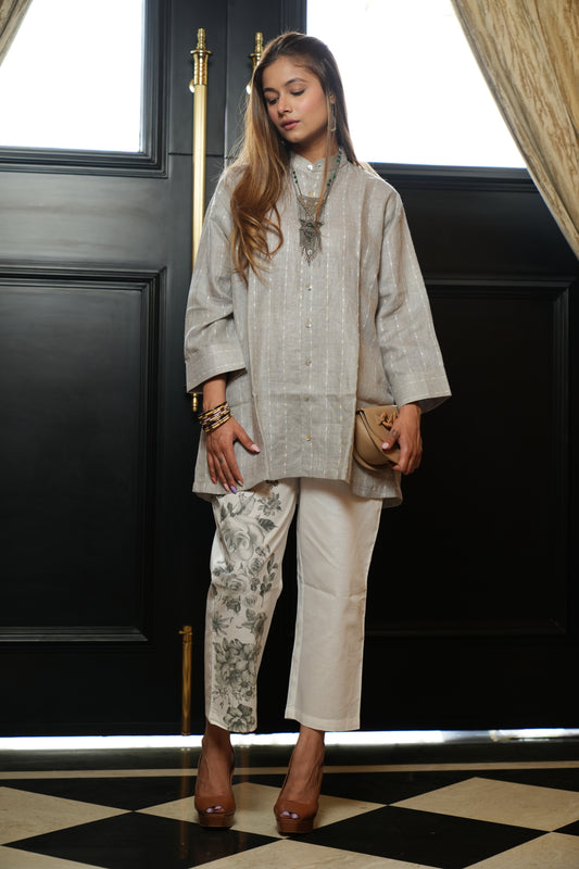 Grey linen with floral printed pants set
