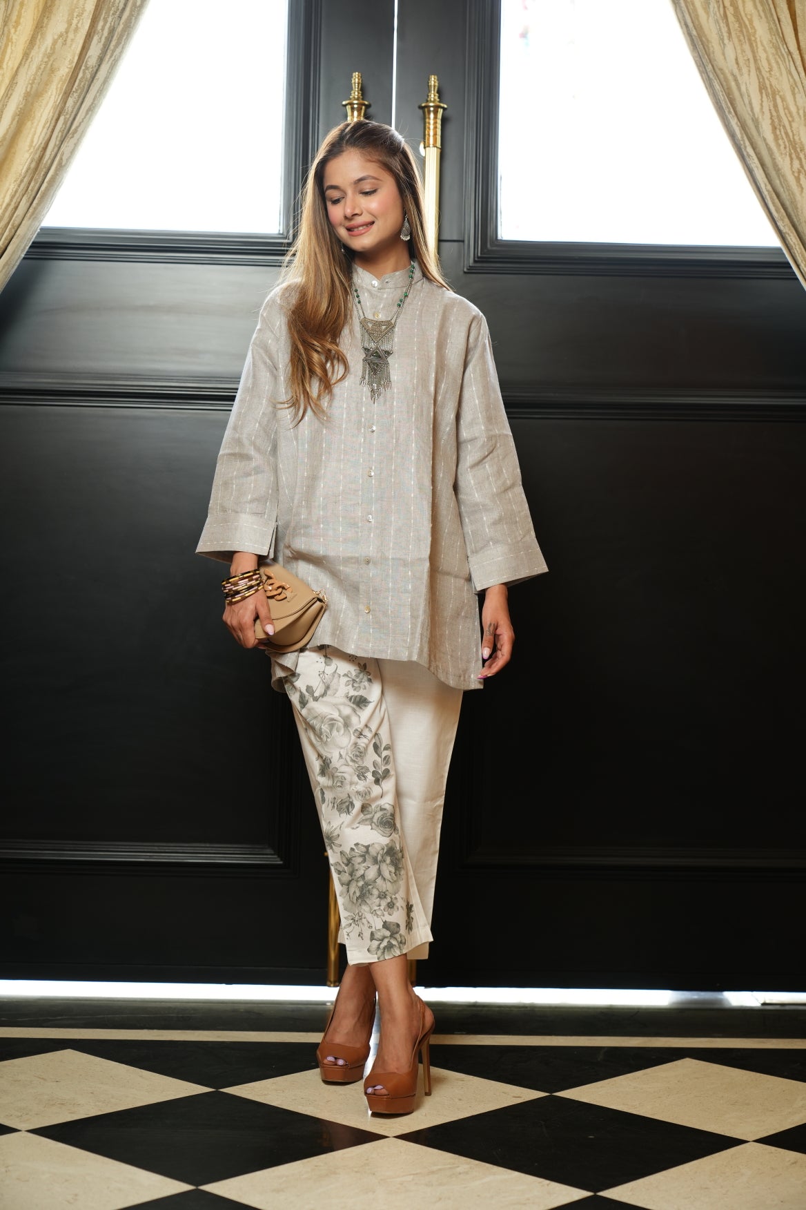 Grey linen with floral printed pants set