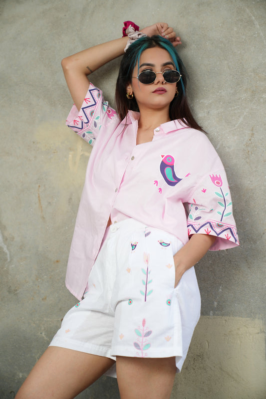 Pink hand printed shirt with white printed shorts