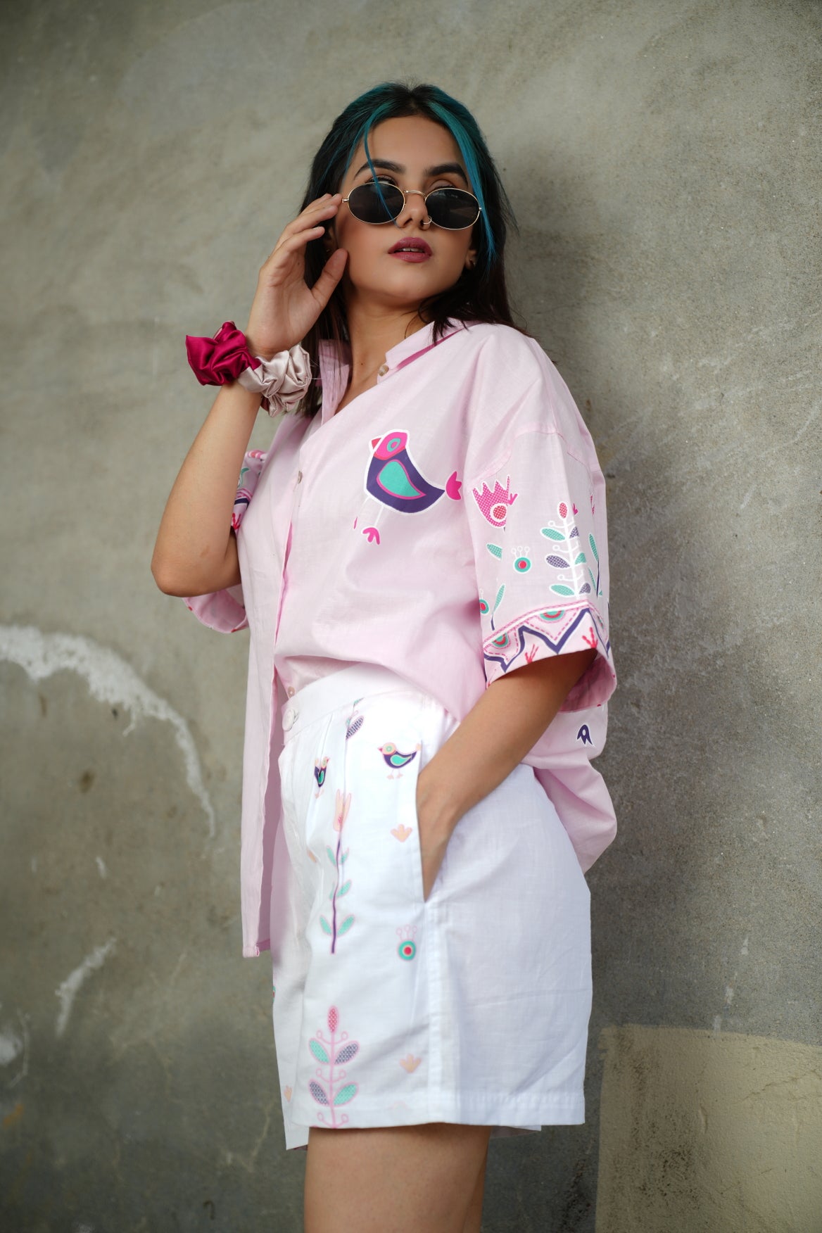 Pink hand printed shirt with white printed shorts