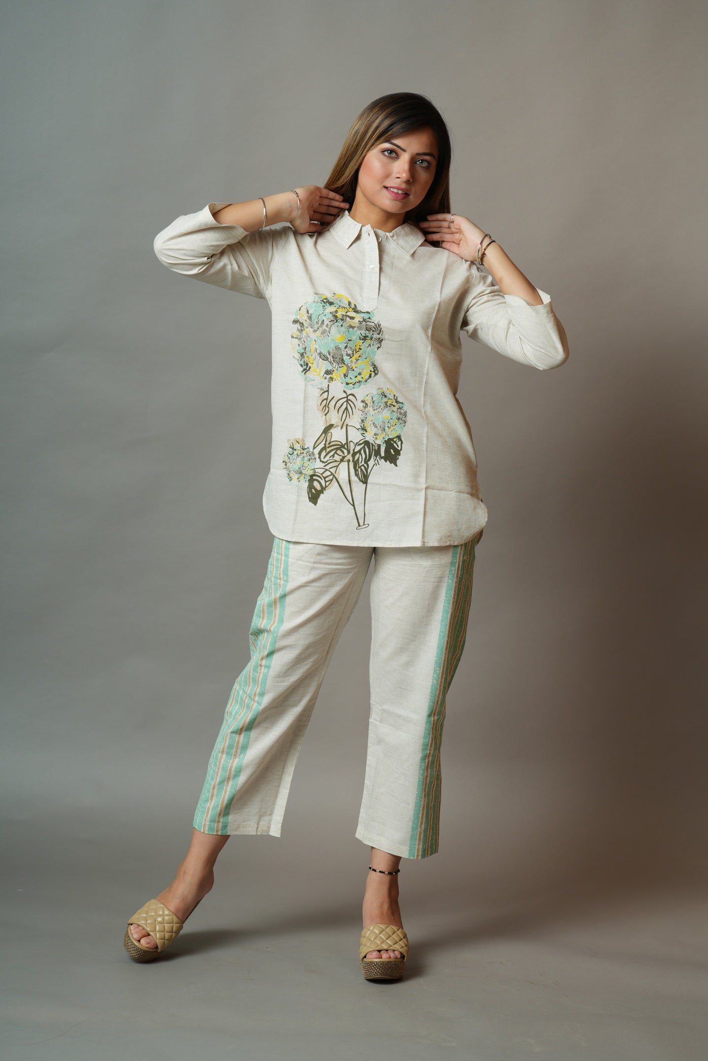 Beige Flower Print Top With Striped Pants