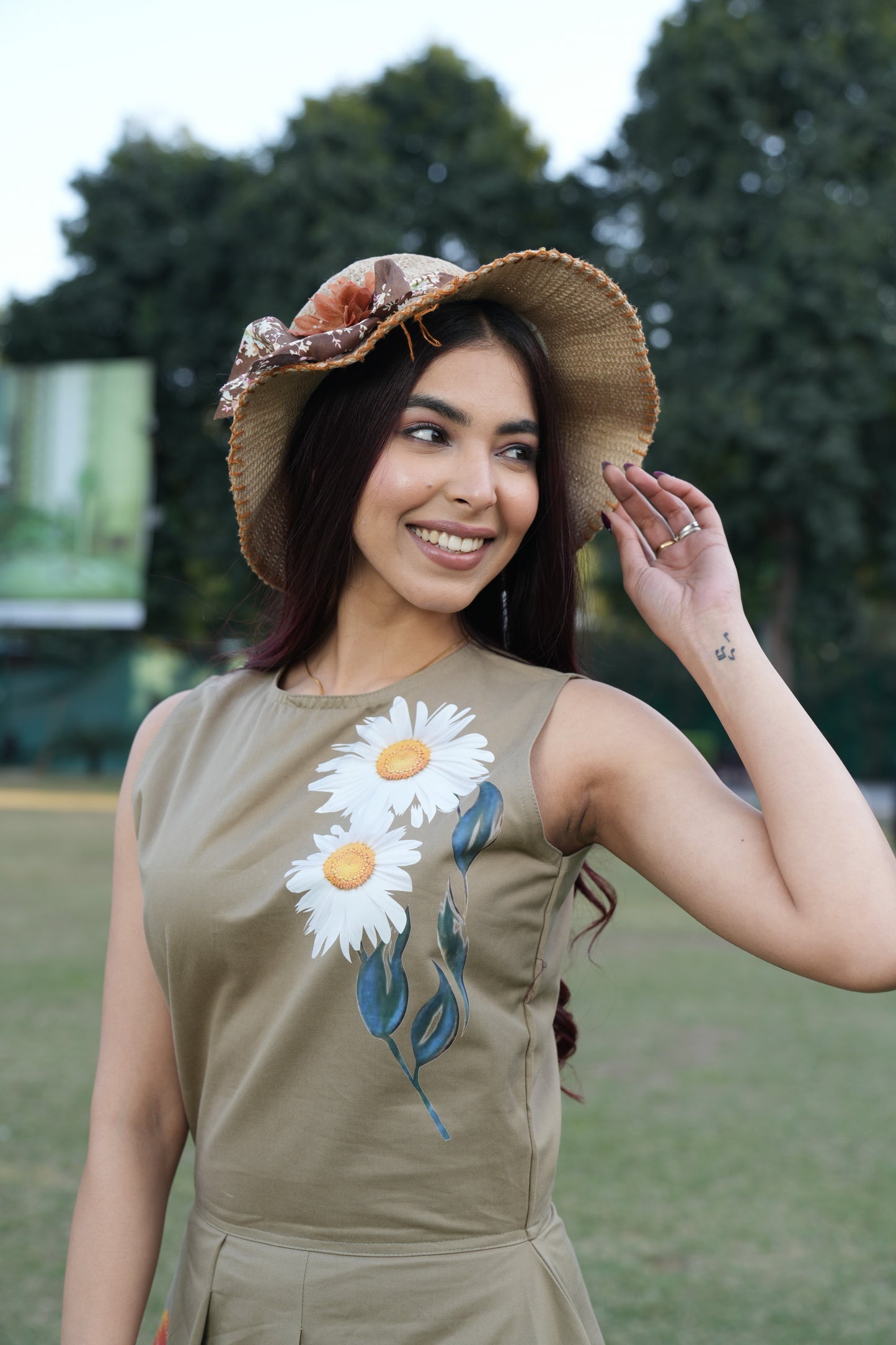 Khaki Hand Printed Maiden Dress