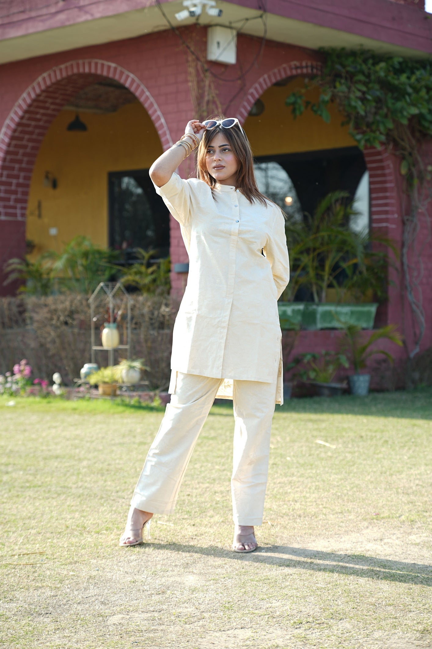 Beige Tone On Tone Tunic With Pants