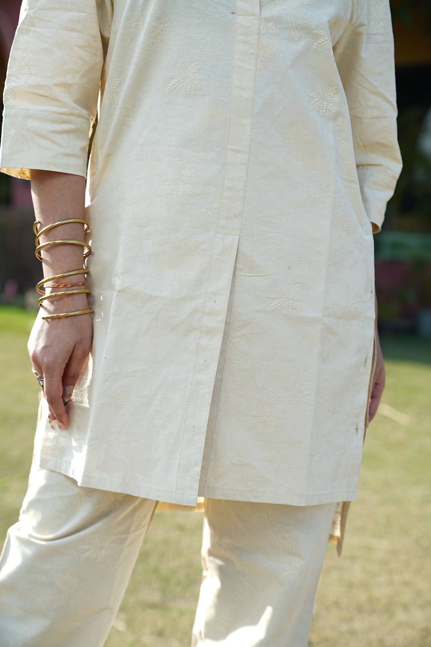 Beige Tone On Tone Tunic With Pants